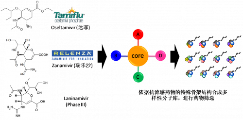 图2：：：以现有抗流感药物的结构为基础，，，举行多样性药物分子库的合成。。